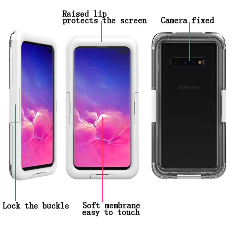 A Samsung S10 (Fehér) telefonfülkéje, amiben víz van, telefon, vízvédő, életfogytiglan.